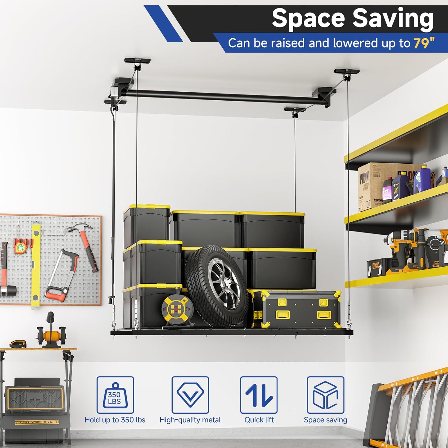 GADFISH Garage Ceiling Lift Storage Rack, Easy Lifting 85" Height 4x4 Ft Overhead Garage Storage Rack for Space Saving with Safety Lock, Suitable for 16"/24" Ceiling, 350LBS Capacity