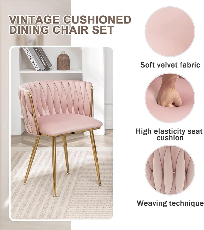 Velvet Dining Chairs Set of 2, Modern Upholstered Dining Chairs with Gold Metal Legs for Dining Room, Vanity, Kitchen, Living Room(Pink)