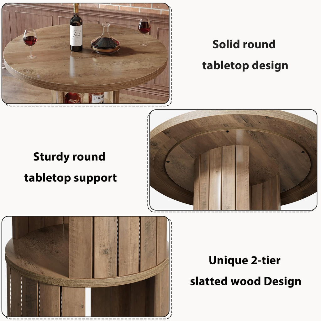 HSH 39.37" H Round Bar Table with Storage and Metal Ring Footrest, Rustic | Modern Bar Height Pub Table With 2 Tier Storage, Space-Saving Design, For Kitchen, Coffee Bars And Small Spaces, Table Only