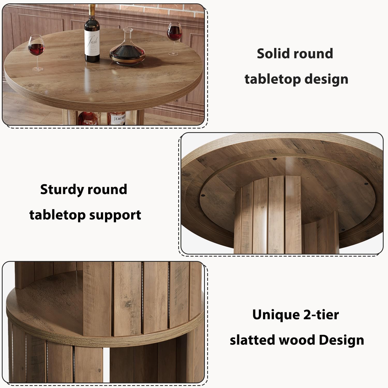 HSH 39.37" H Round Bar Table with Storage and Metal Ring Footrest, Rustic | Modern Bar Height Pub Table With 2 Tier Storage, Space-Saving Design, For Kitchen, Coffee Bars And Small Spaces, Table Only