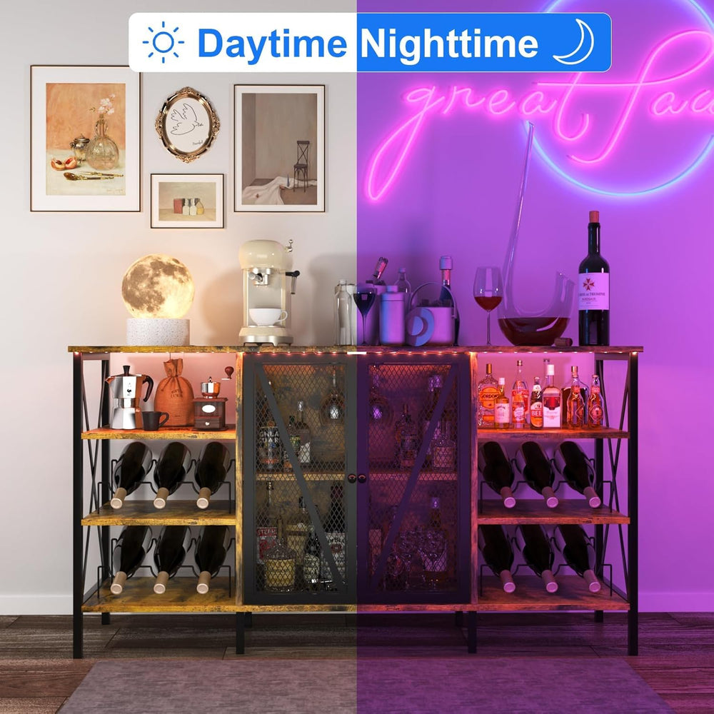 Takywep Farmhouse Industrial Wine Bar Cabinet with LED Light – Freestanding S...