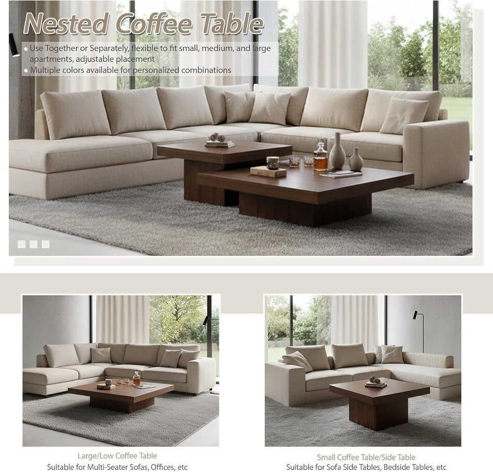 Nesting Coffee Table Set of 2, Modern Square Coffee Tables and Side Table Set...
