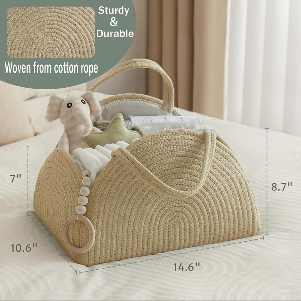 Diaper Caddy Organizer, Cotton Rope Baby Caddy Basket, Nursery Storage Bin | Large Storage Basket, Car Organizer for Diapers and Baby Wipes, Cute Design Gift for Baby Shower, Newborn Essentials