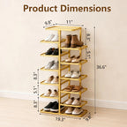 7 Tier Vertical Shoe Rack for Closet - Tall Narrow Metal Shoe Storage Tower with Staggered Shelves, Freestanding Shoe Organizer Stand for Entryway, Hallway, Bedroom and Small Spaces, Gold