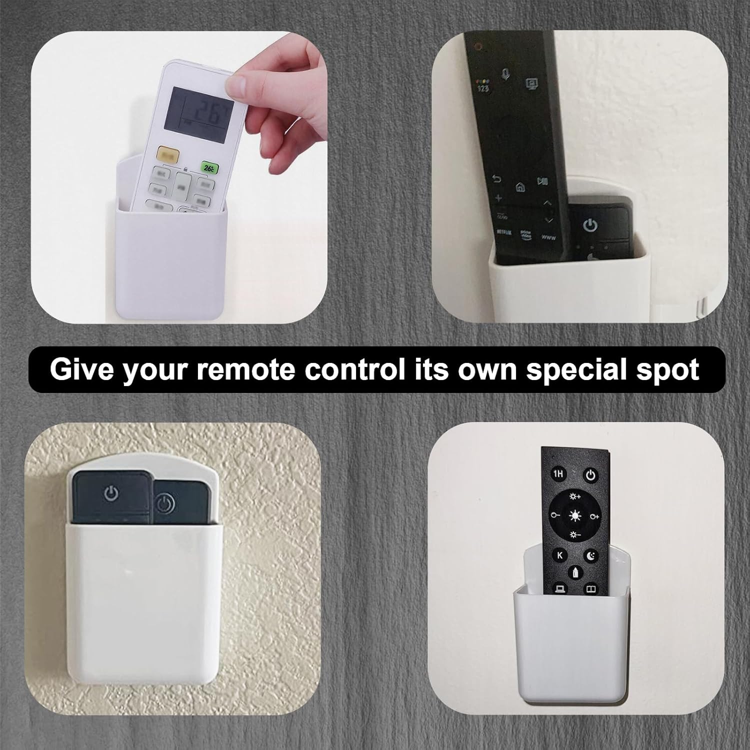 4Pcs Remote Holder Wall Mount, AC TV Remote Control Holder, Self Adhesive & Screws Remote Wall Holder, Wall Mount Box Remote Organizer for Home Office Storage (White)
