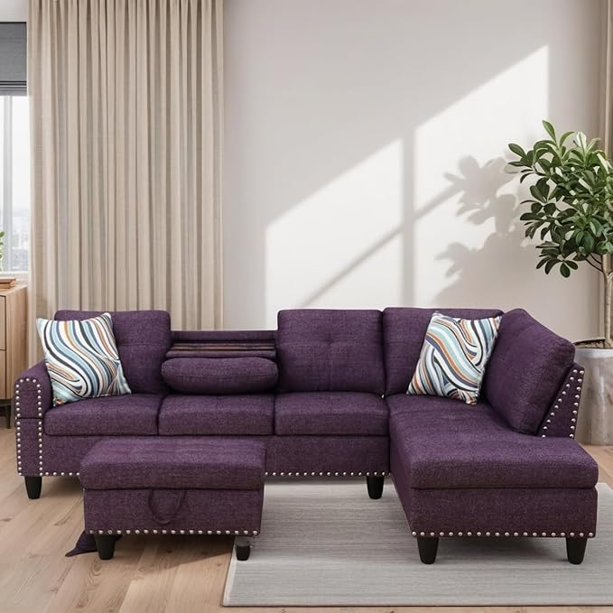 L-Shaped Sectional Sofa with Movable Chaise & Storage Ottoman, Lounge 3-Piece Modular Convertible Couches for Living Room, Apartment & Office, Deep Purple