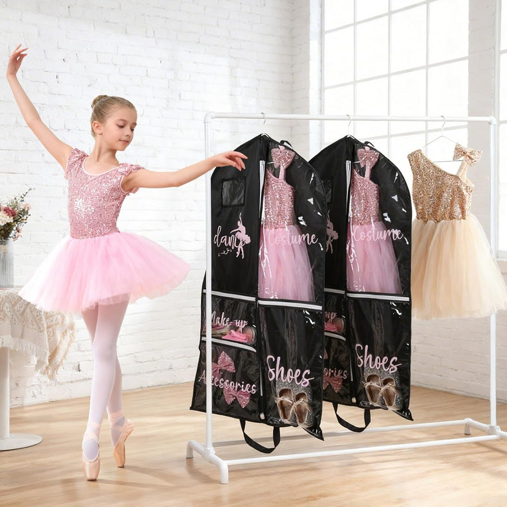 DEEKA 4 Pack Dance Garment Bag for Hanging Clothes with Zipper Pockets Dance Accessories Essentials Uniform Costume 40 Inch Dress Bags for Dance Competition Girls (Black,Pink)