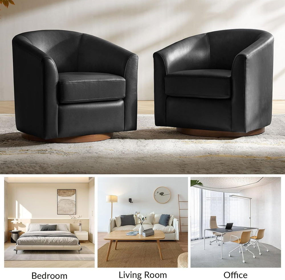 HULALA HOME Genuine Leather Swivel Barrel Accent Chairs Set of 2, Black | Tra...