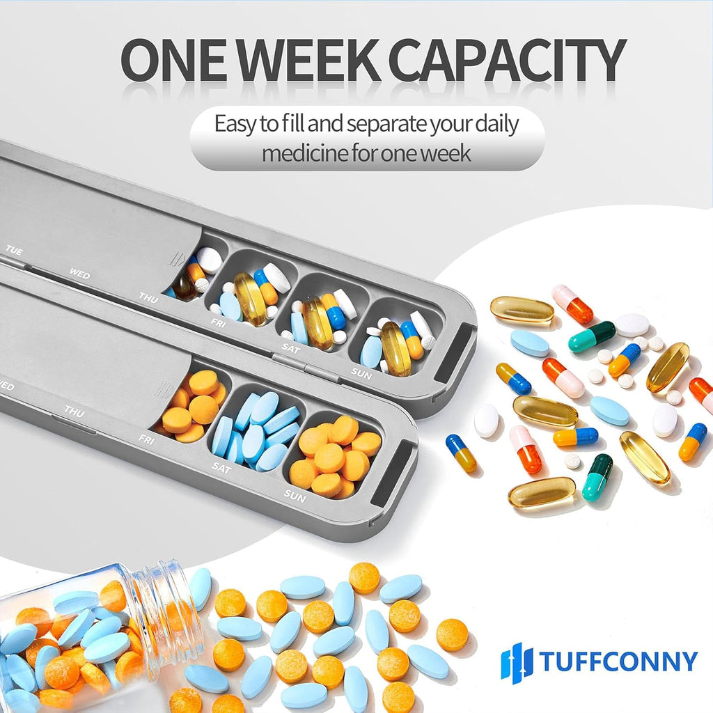 Weekly Pill Organizer - Travel Medicine Organizer, Pill Boxes and Organizer 2 Times a Day, 7 Day Pretty Pill Case, Pill Holder for Vitamins, Medicines and Tablets (Elegant Gray)
