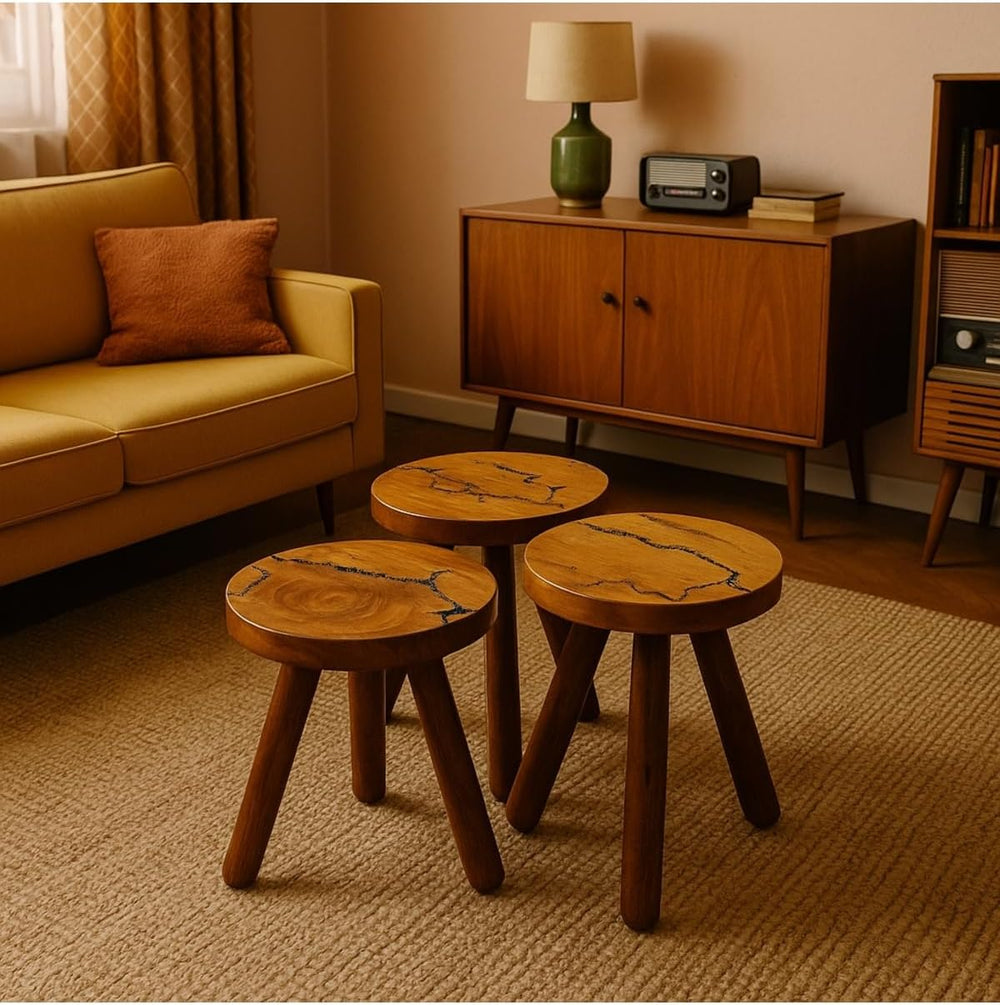 Solid Wood Nesting Side Tables 3 Piece Set Round Top Retro Style Coffee Table...