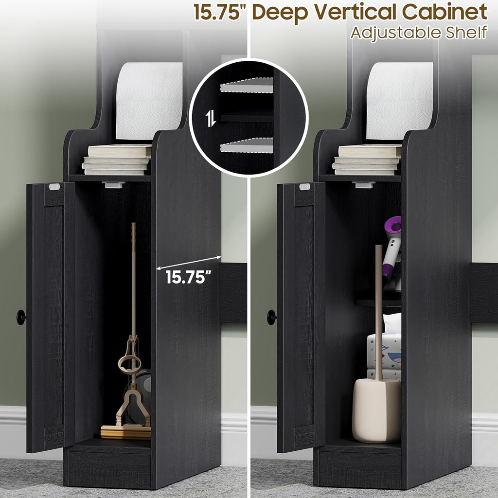 Over The Toilet Storage Cabinet, Storage Cabinet Over Toilet with Double Doors & Toilet Paper Holder Stand, Freestanding Toilet Shelf Space Saver with Anti-Tip Design & Adjustable Shelf, Black