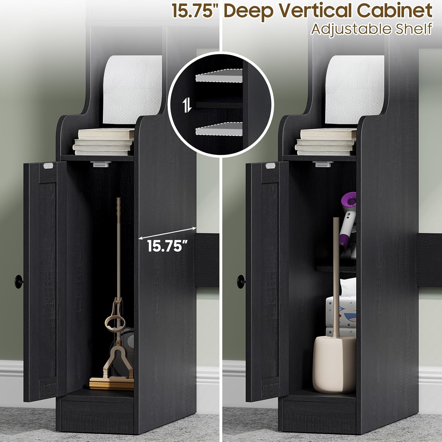 Over The Toilet Storage Cabinet, Storage Cabinet Over Toilet with Double Doors & Toilet Paper Holder Stand, Freestanding Toilet Shelf Space Saver with Anti-Tip Design & Adjustable Shelf, Black