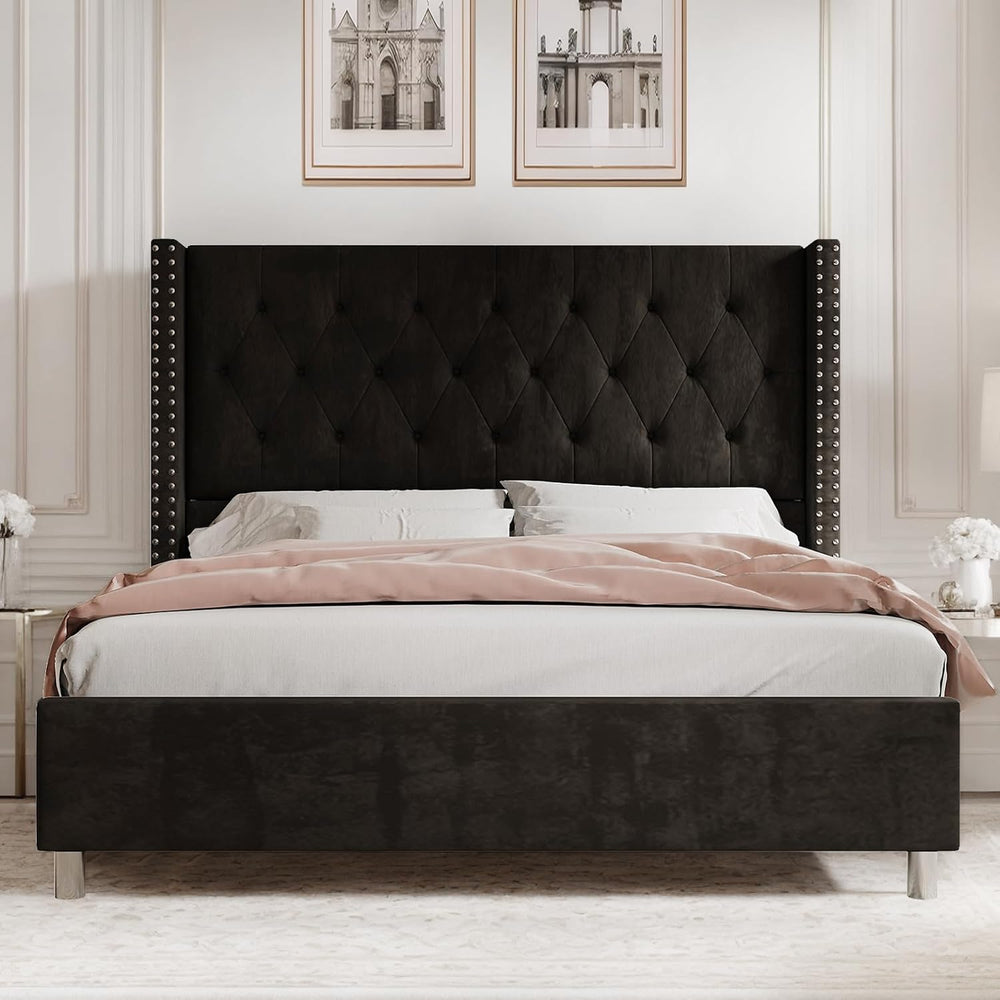PaPaJet Queen Velvet Bed Frame with 49.2" Tall Wingback Headboard, Black