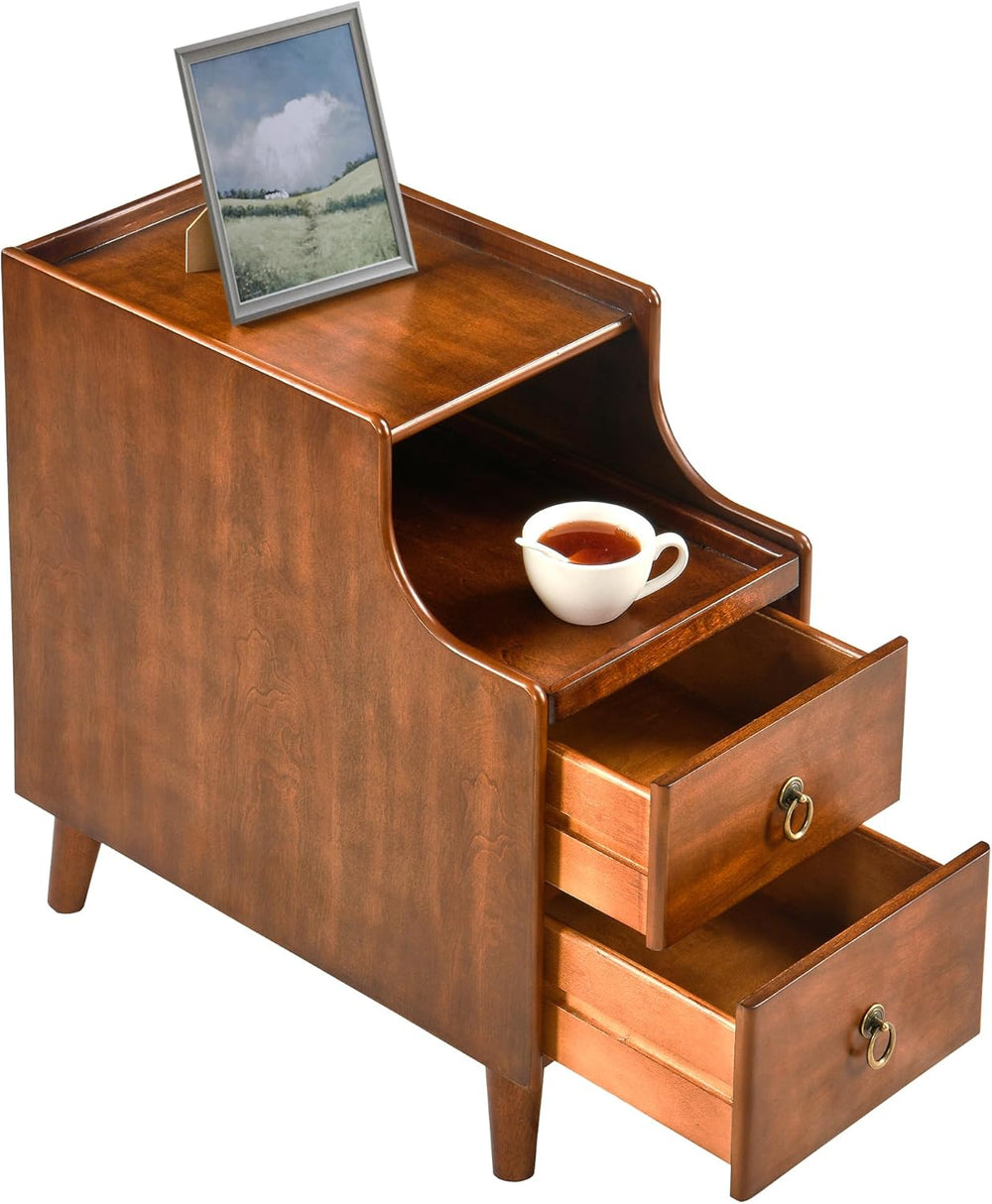 Set of 2 Solid Wood Narrow Nightstand with 2 Drawers, Fully Assembled Skinny ...