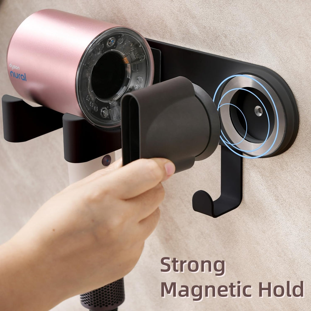 Hairdryer Holder Wall Mounted, Hair Dryer Mount Compatible with Dyson, Magnetic Hair Dryer Hook Adhesive Aluminum Alloy Blow Dryer Wall Mount for Bathroom Black No-Drill/Screw Installation UEMUSI