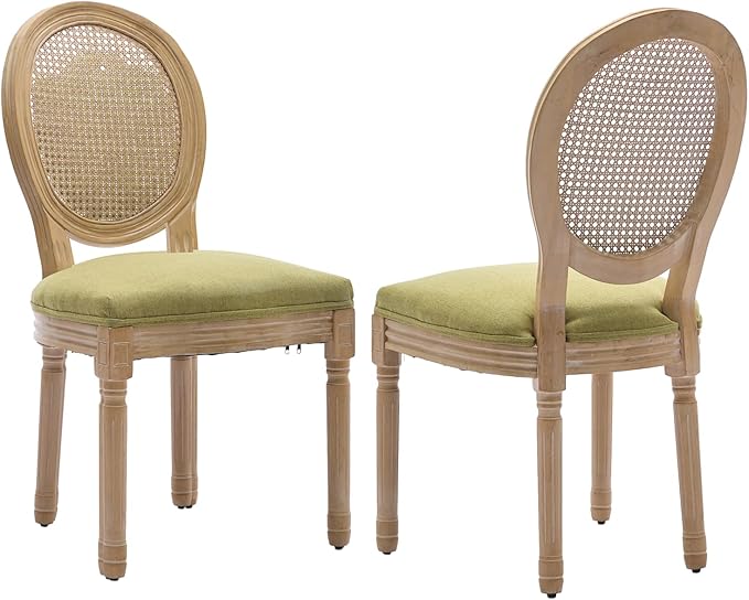 French Country Dining Chairs Set of 2,Farmhouse Upholstered Dining Room Chairs with Round Back and Solid Leg,Rattan Kitchen Chairs for Kitchen/Bedroom/Dining Room,Green