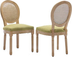 French Country Dining Chairs Set of 2,Farmhouse Upholstered Dining Room Chairs with Round Back and Solid Leg,Rattan Kitchen Chairs for Kitchen/Bedroom/Dining Room,Green