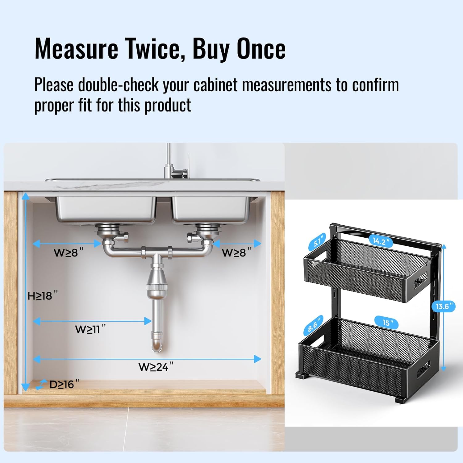 Under Sink Organizer, Silk-Smooth Metal Sliding Drawer Organizers and Storage Rack, Pull Out Cabinet Shelf for Kitchen, Bathroom, Pantry, Cabinet, Closet