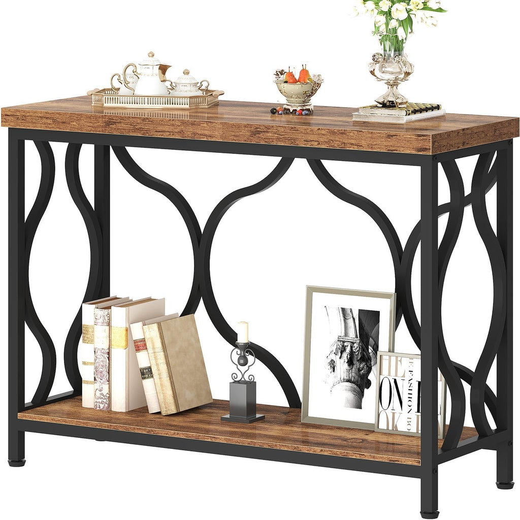 IBF 39.4" Console Sofa Table, Farmhouse Entryway Table Hallway Rustic Brown | Industrial Wood Metal Entry way Narrow Behind Couch Tables with 2-Tier Storage Shelves in Living Room Foyer Entrance