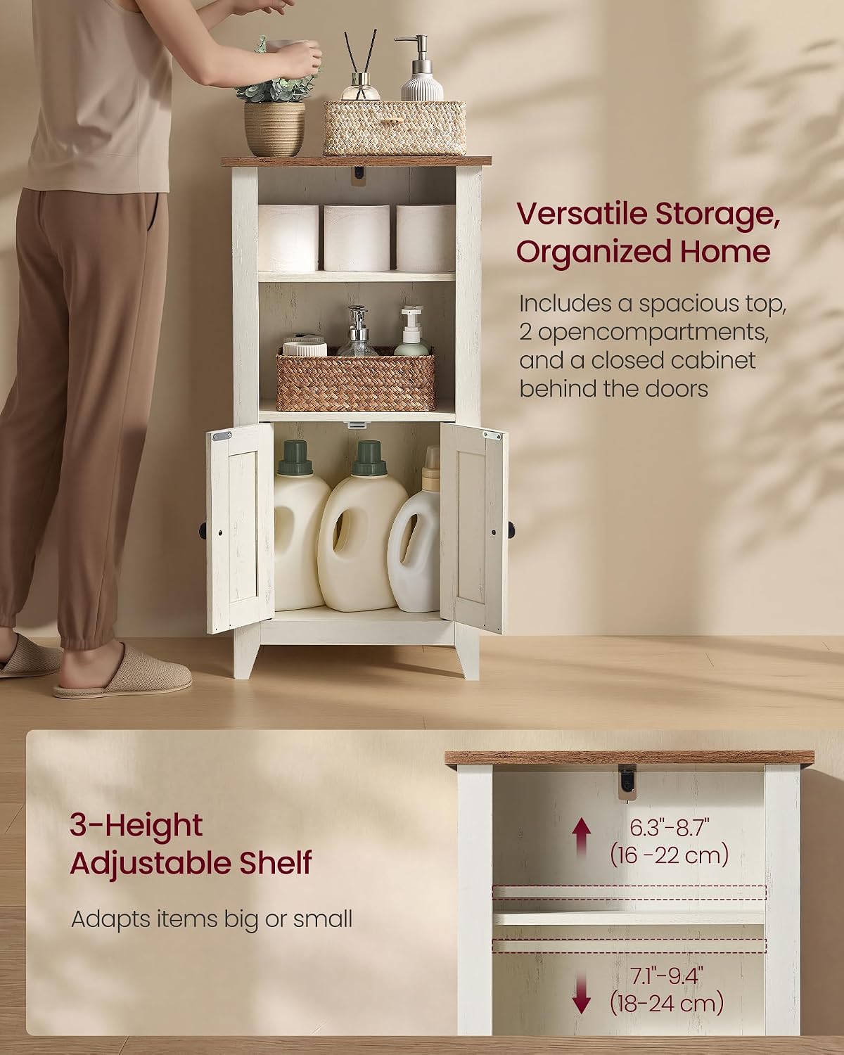 VASAGLE LIRY Collection - Storage Cabinet, Farmhouse Floor Cabinet, Freestanding Storage Organizer for Bathroom Kitchen Entryway, Adjustable Shelf, Cloud White and Rustic Brown UBBK313W101S