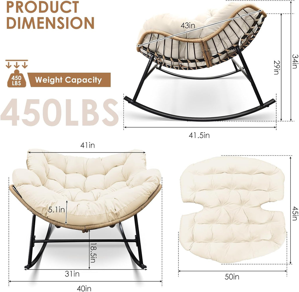 RADIATA Rocking Egg Chair Outdoor, Oversized Papasan Rocking Lounge Chair | 450 Lbs Capacity, Oversized Large Size, PE Wicker Recliner with Beige Cushion, Comfy Sturdy Lounge Chair for Patio Porch