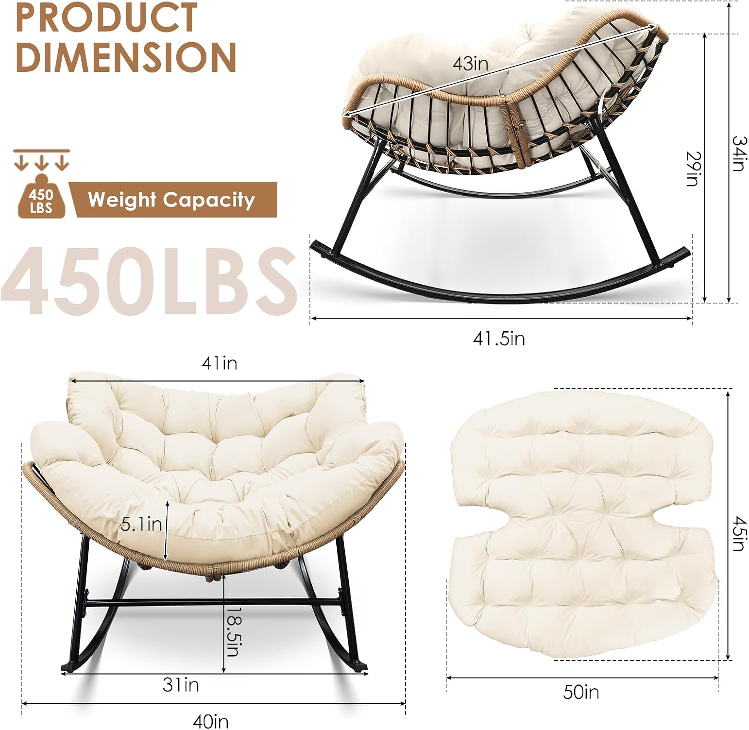 RADIATA Rocking Egg Chair Outdoor, Oversized Papasan Rocking Lounge Chair | 450 Lbs Capacity, Oversized Large Size, PE Wicker Recliner with Beige Cushion, Comfy Sturdy Lounge Chair for Patio Porch