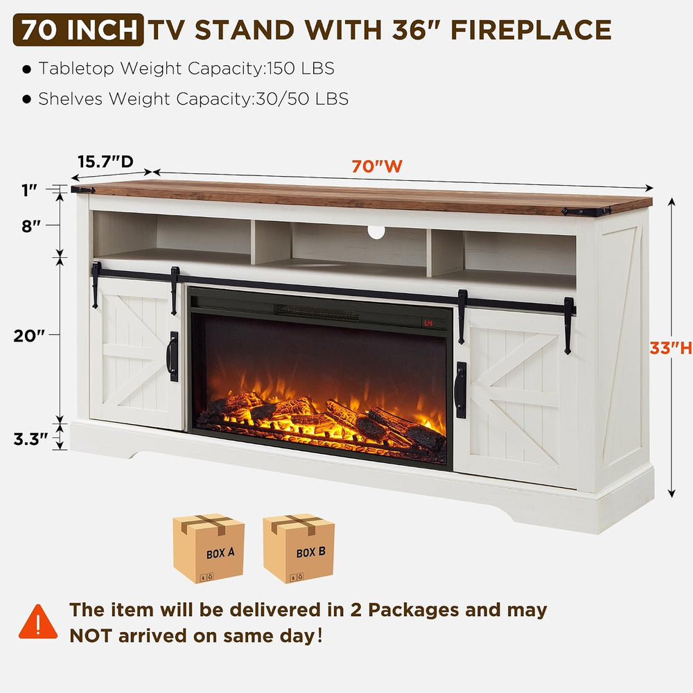 OKD 70" Farmhouse Fireplace TV Stand, Antique White | For up to 80"...