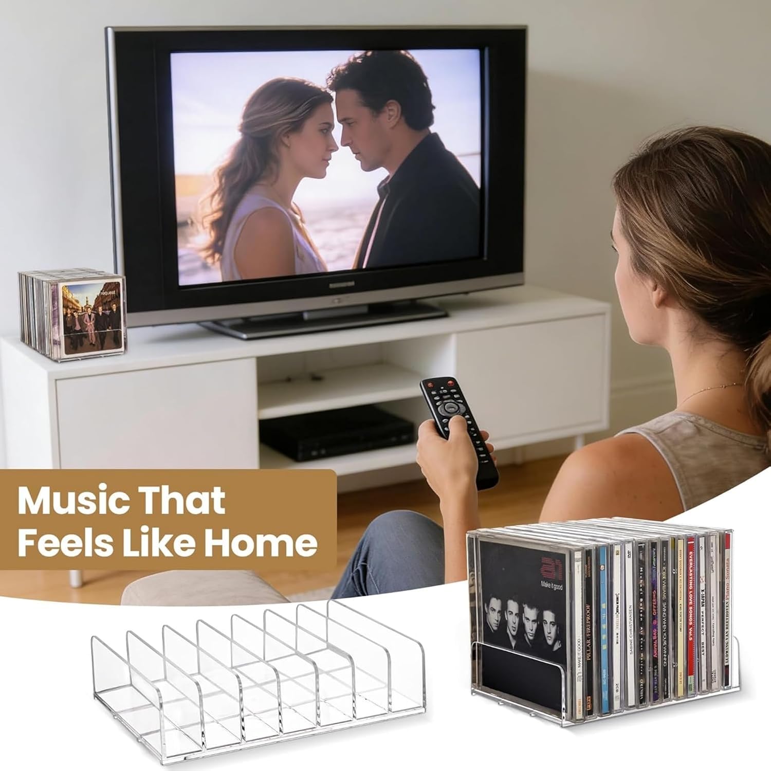 2 Pack Clear Acrylic CD Holder: DVD and CD Storage Box - CD Display Rack CD Organizer - Vinyl Record Storage Holds up to 14 Standard CD Cases for Media Shelf Storage and Organization