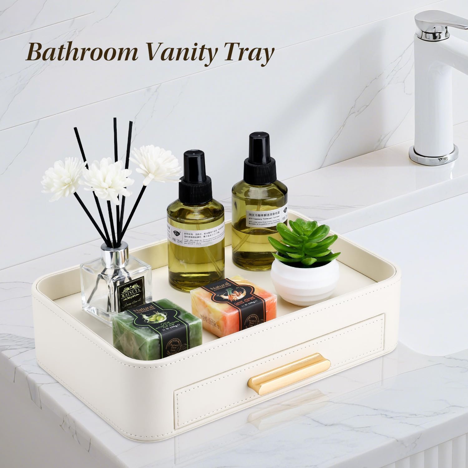 GORESE PU Leather Valet Tray with Drawer, Nightstand Organizer Catch All Tray for Jewelry Perfume Purse Trinket Key Holder, EDC Trays for Desk Vanity Entryway Table, Gift for Women Men, Cream White