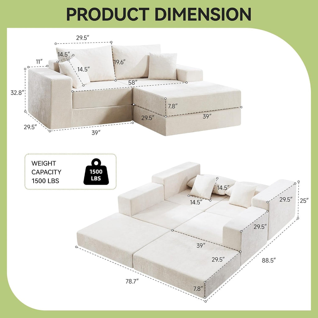 79" Boneless Cloud Loveseat Sofa Couch, Modular Foldable Floor Sofa with Ottoman, Chenille Lounge Convertible Sofa Bed for Living Room, No Assembly, Beige