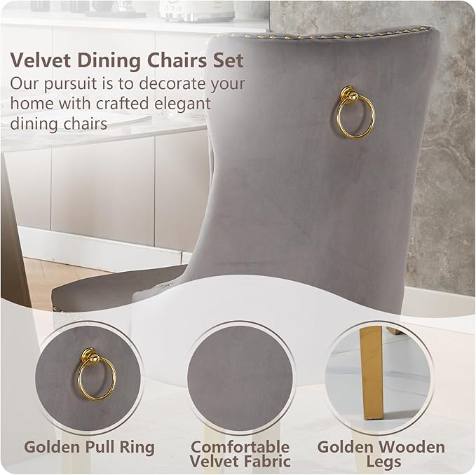 Velvet Dining Chairs Set of 4, Kitchen & Dining Room Chairs, Upholstered Dining Chairs with Back Ring Pull and Golden Solid Wood Legs, Modern Tufted Kitchen Chairs for Dining Room, Light Grey