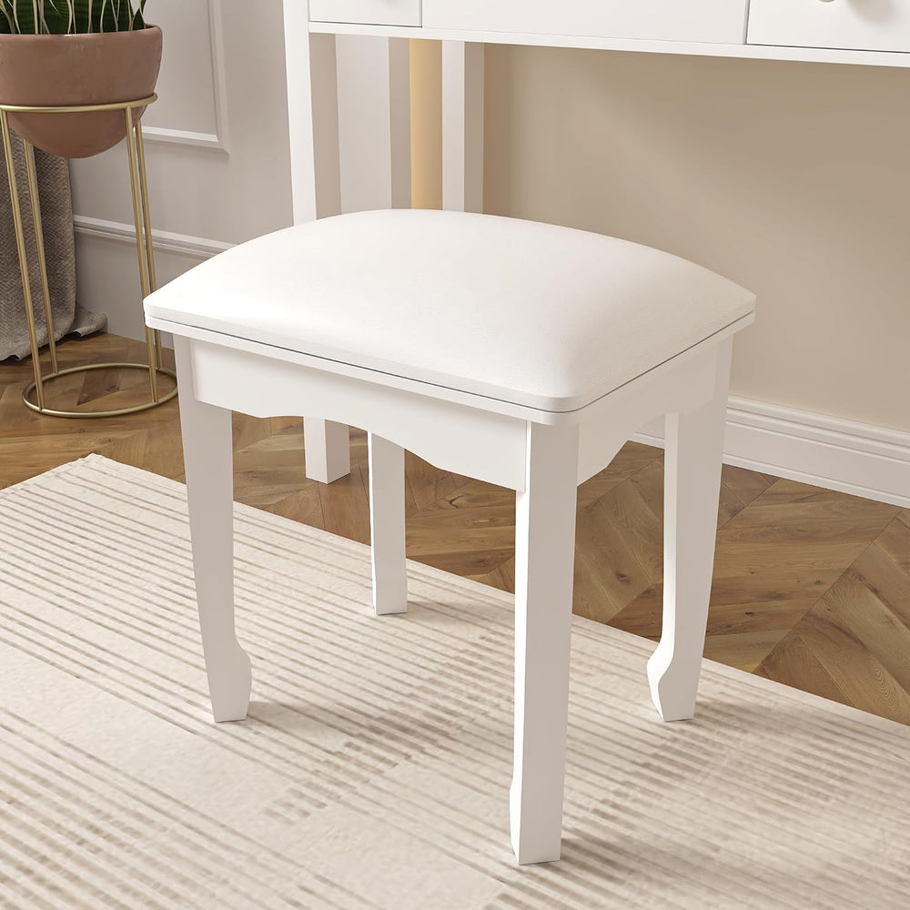 White Vanity Stool Bench, Padded Seat Cushion for Makeup Room | Minimalist St...