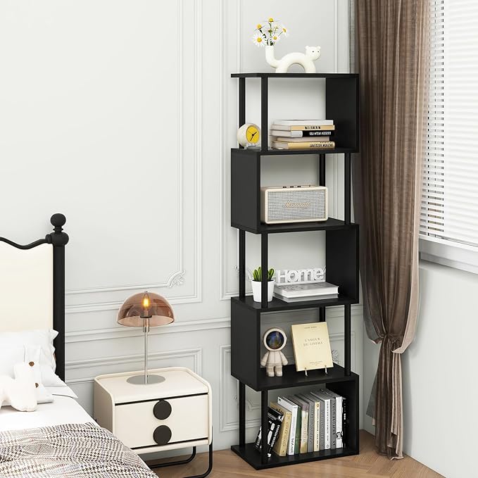 IBUYKE 6-Tier Tall Bookshelf,S-Shaped Geometric Bookcase, Wood Display Shelve...