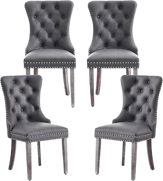 Kiztir Leather Dining Chairs Set of 4, Upholstered Dining Chair with Nailhead Trim and Solid Wood Legs, Luxury Wingback Dining Side Chair for Living Room, Bedroom, Kitchen (Grey)