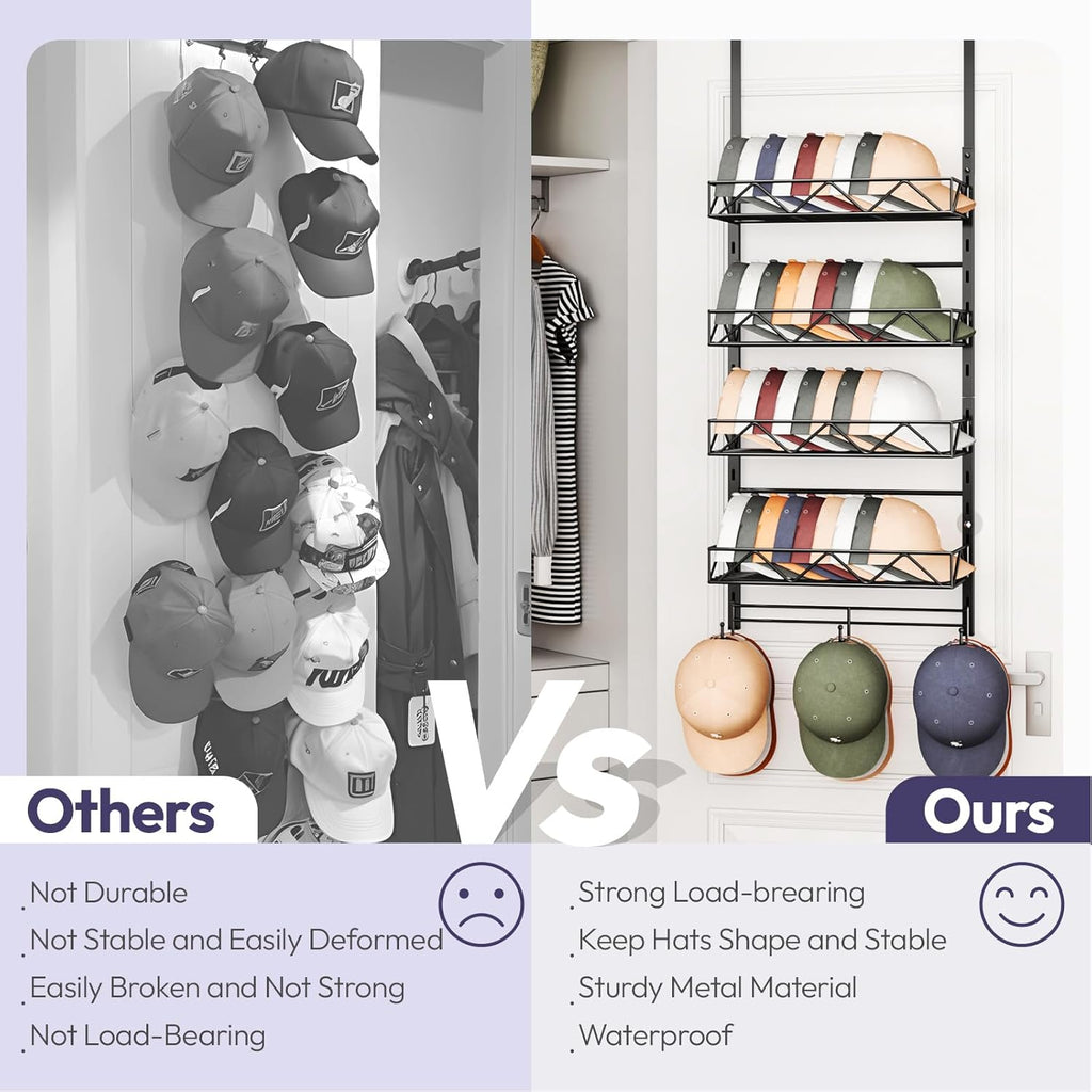 SWTYMIKI Over Door Hat Organizer - 5 Tier Wall Mounted Hat Rack with 4 Adjustable Metal Basket and 3 Hooks, Hanging Baseball Cap Organizer Storage Holds up to 49 Caps for Door, Bedroom, Closet
