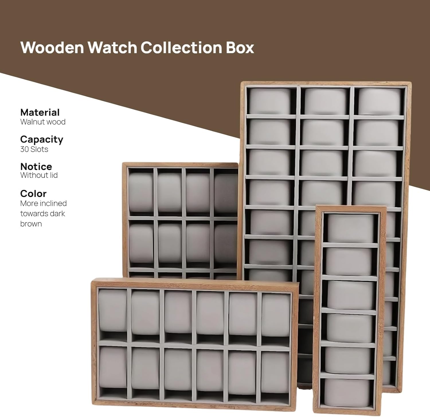 Wooden Watch & Jewelry Tray Organizer - 24/30 Grid Display Holder with Removable Pillow for Men & Women's Storage (30 Grid)