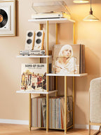 Record Player Stand, Vinyl Record Storage Holder with Display Shelf, Turntable Stand Table with Vinyl Organizer Dividers Album Rack, Vintage Style Record Cabinet Wood, Mid Century Modern Tall Console