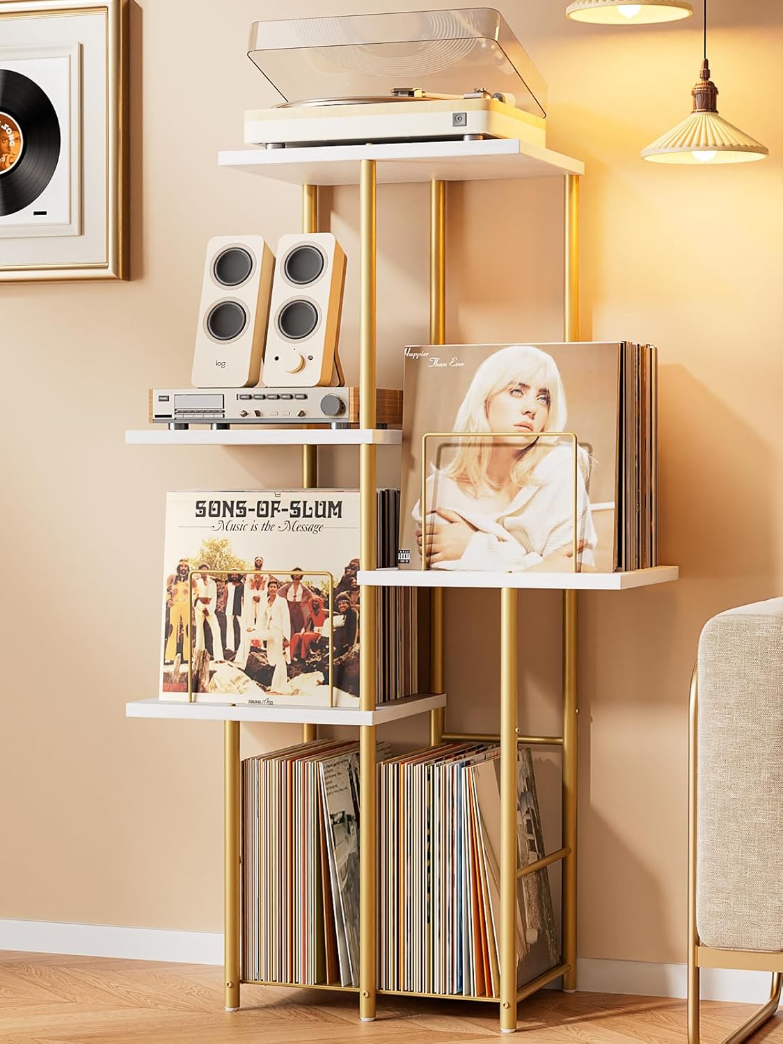 Record Player Stand, Vinyl Record Storage Holder with Display Shelf, Turntable Stand Table with Vinyl Organizer Dividers Album Rack, Vintage Style Record Cabinet Wood, Mid Century Modern Tall Console