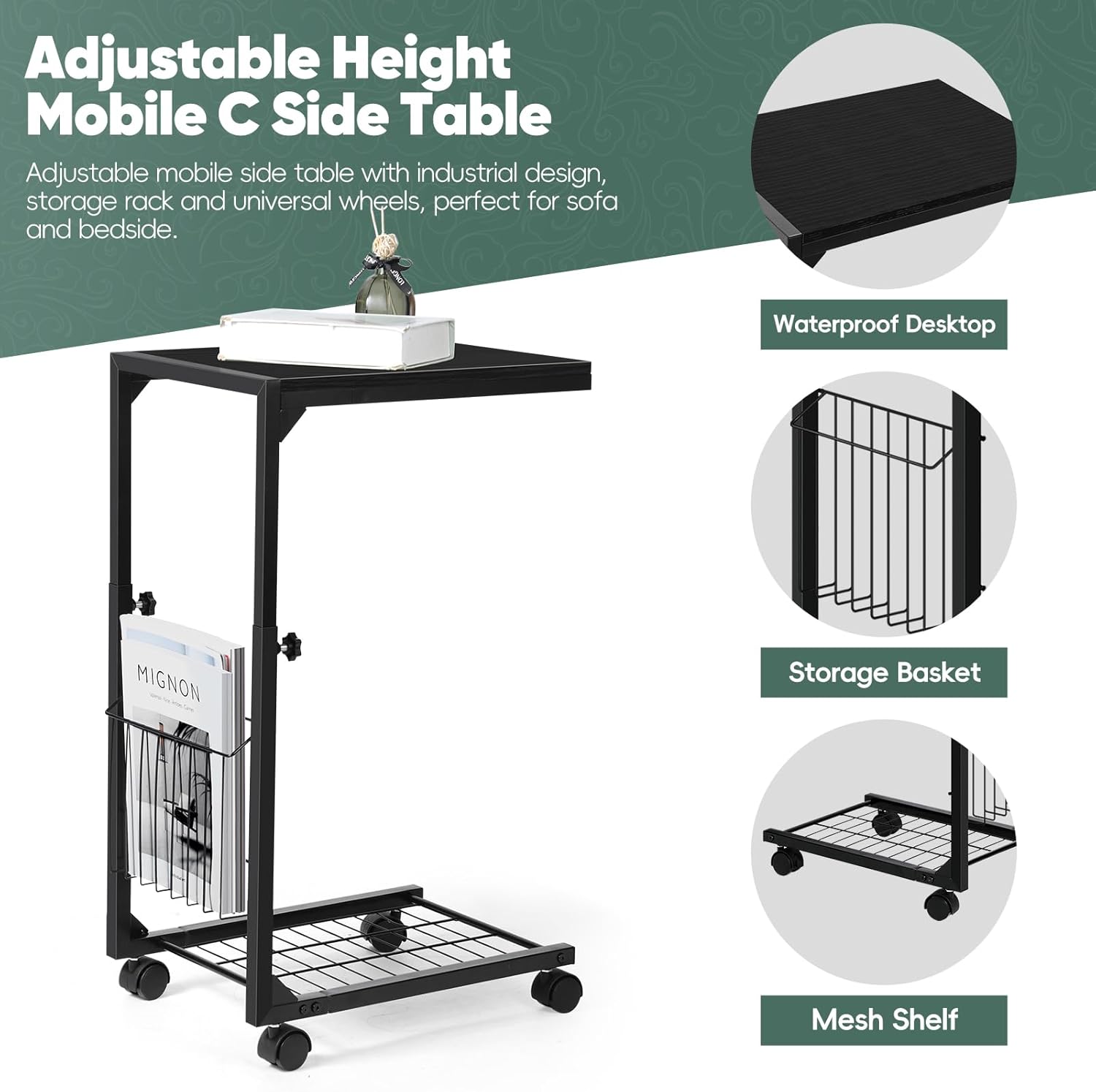 C Shaped End Table Small Side Table with Wheels Slide Under Couch Table for Sofa Adjustable Height C Table with Metal Frame for Living Room Bedroom Bedside, Black