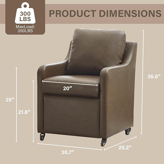 Rolled Dining Chair with Casters, Upholstered Modern Rolling Armchair with Wheels for Kitchen (1, PU Coffee)