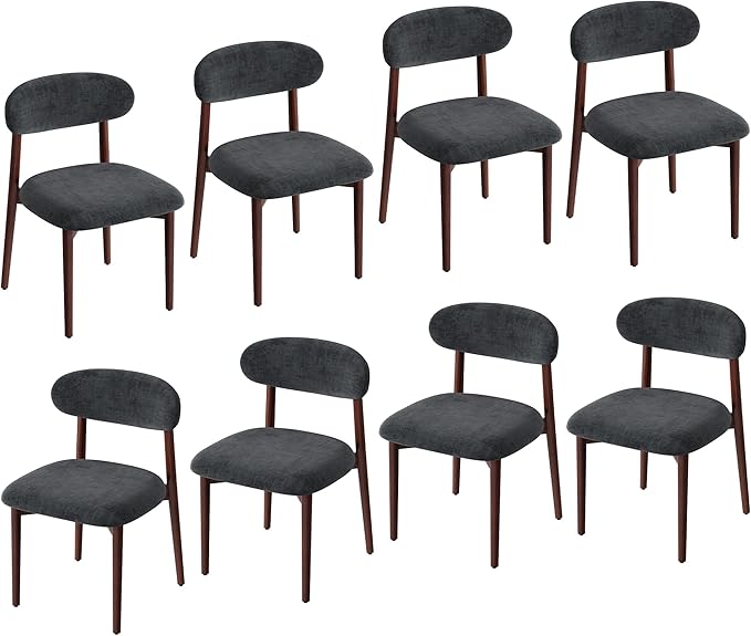 Wooden Dining Chair Set of 8, Modern Dining Chairs with with Curved Back, Fabric Upholstered Kitchen Dining Room Chairs with Adjustable Legs for Farmhouse Dining Living Room,Dark Grey