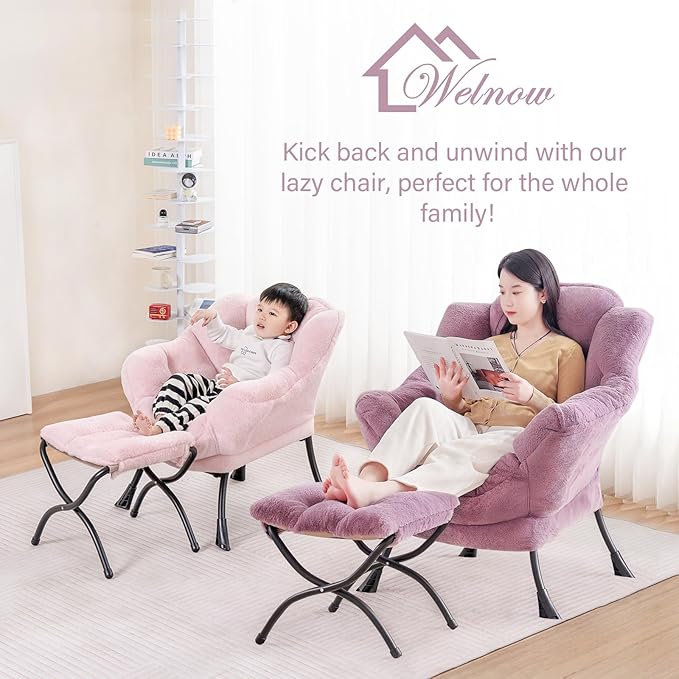Welnow Lazy Chair with Ottoman, Modern Lounge Accent Chair with Armrests and a Side Pocket, Leisure Sofa Armchair, Reading Armchair with Footrest for Small Space, Burgundy