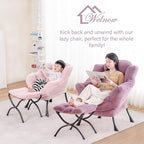 Welnow Lazy Chair with Ottoman, Modern Lounge Accent Chair with Armrests and a Side Pocket, Leisure Sofa Armchair Set, Reading Armchair with Footrest for Small Space, Plush Purple