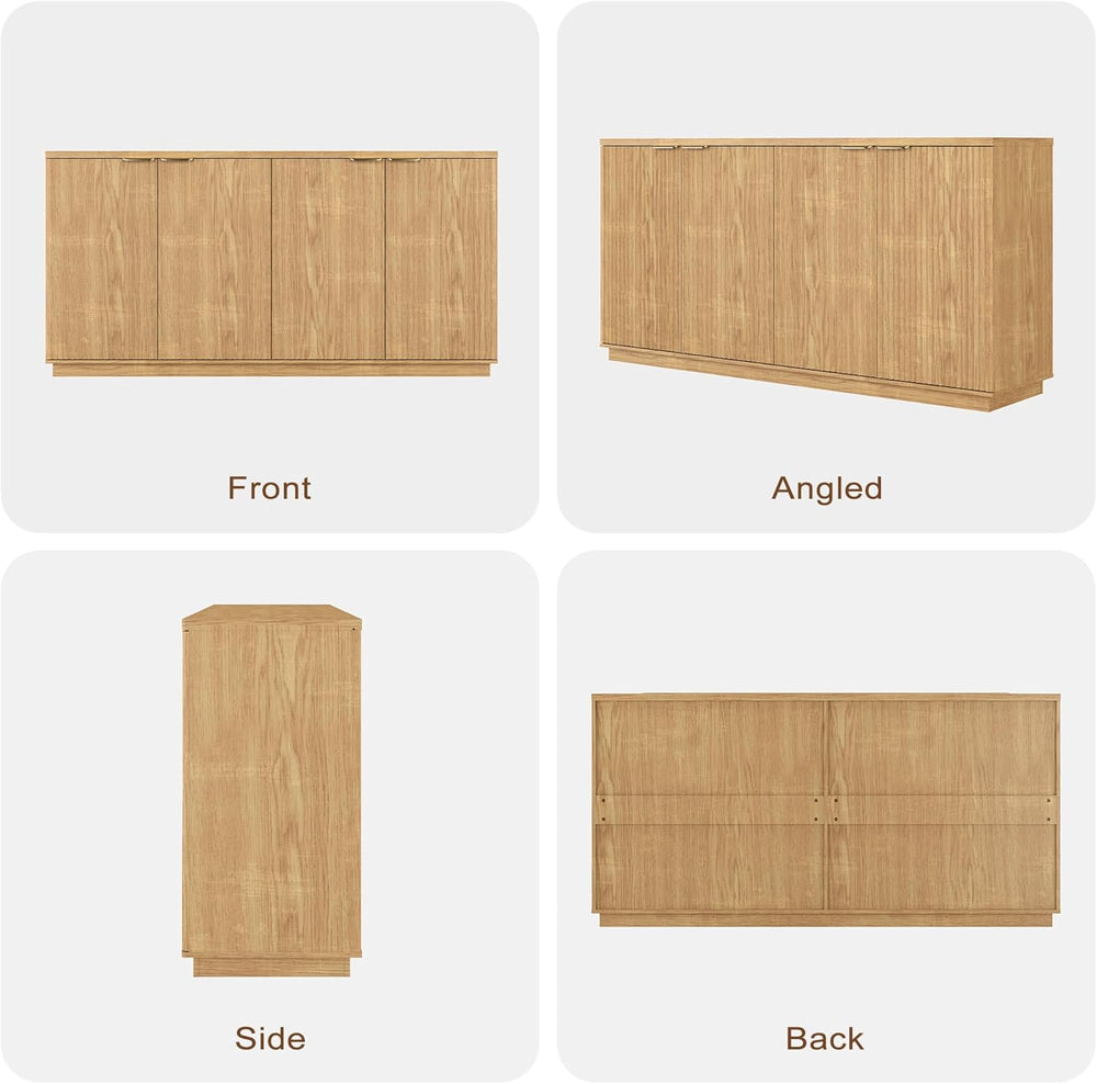 Fluted Sideboard Buffet Cabinet, 63" Wooden Credenza Storage Cabinet wit...