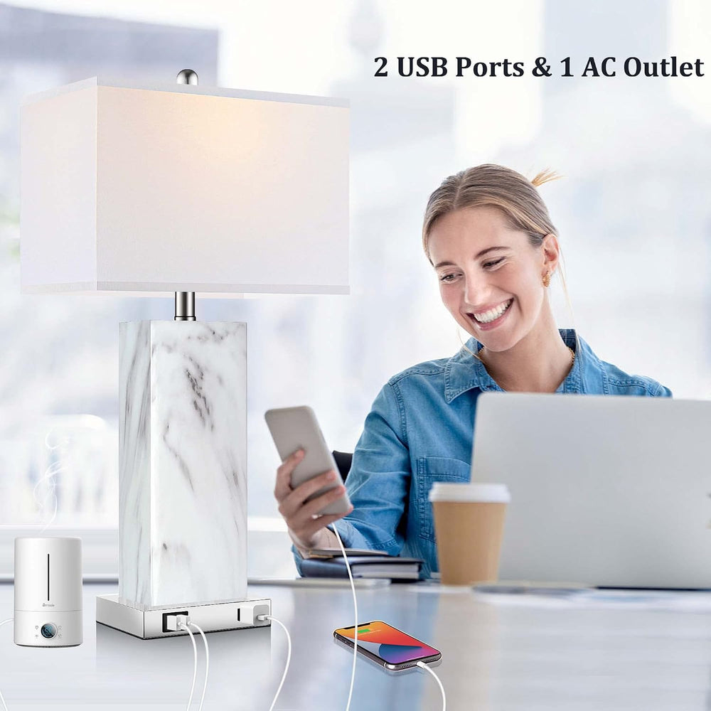Touch Control Table Lamps Set of 2, Modern Ceramic Bedside Lamp with 2 USB Po...