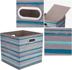 13 inch Collapsible Storage Cubes Bins Teal Stripes Fabric Storage Boxes Foldable Cube Inserts Storage Grey Printed Folding Cloth Storage Baskets Drawer Organizer ,QY-SC05-3