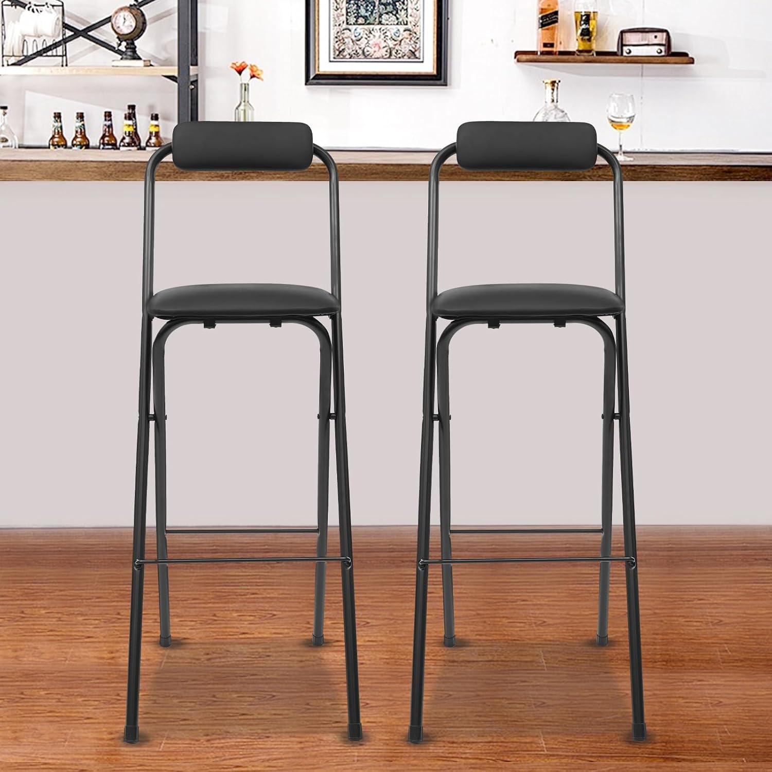 2 Pcs Folding Bar Stool with Backrest, Tall Foldable Stool Chair | Portable Folding Bar Chair for Kitchen Island Shop Cafe Dining Room