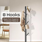 Aliphon Wooden Coat Rack Stand, Freestanding Coat Rack with 8 Hooks, 3 Adjustable Size Coat Tree for Hats, Coats, Scarves bags, Coat Hanger Stand Used in Bedroom/Office/Entryway (Black)