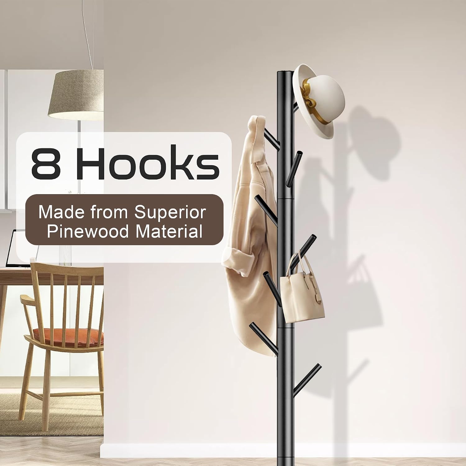 Aliphon Wooden Coat Rack Stand, Freestanding Coat Rack with 8 Hooks, 3 Adjustable Size Coat Tree for Hats, Coats, Scarves bags, Coat Hanger Stand Used in Bedroom/Office/Entryway (Black)