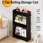 MARTY Wood Rolling Storage Cart 7.9" W, 3 Tier Slim Utility Kitchen Cart on Wheels Laundry Room Bathroom Organizers Narrow Shelves with Handle Mobile Shelving Unit for Small Places, Black
